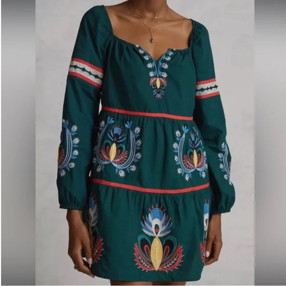 Letmebe anthropologie Green‎ Embroidered Long Sleeve Tiered Mini Tunic Dress XS